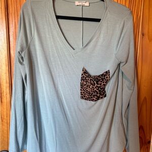 Zenana Outfitters Light Blue Long Sleeve with Leopard Pocket